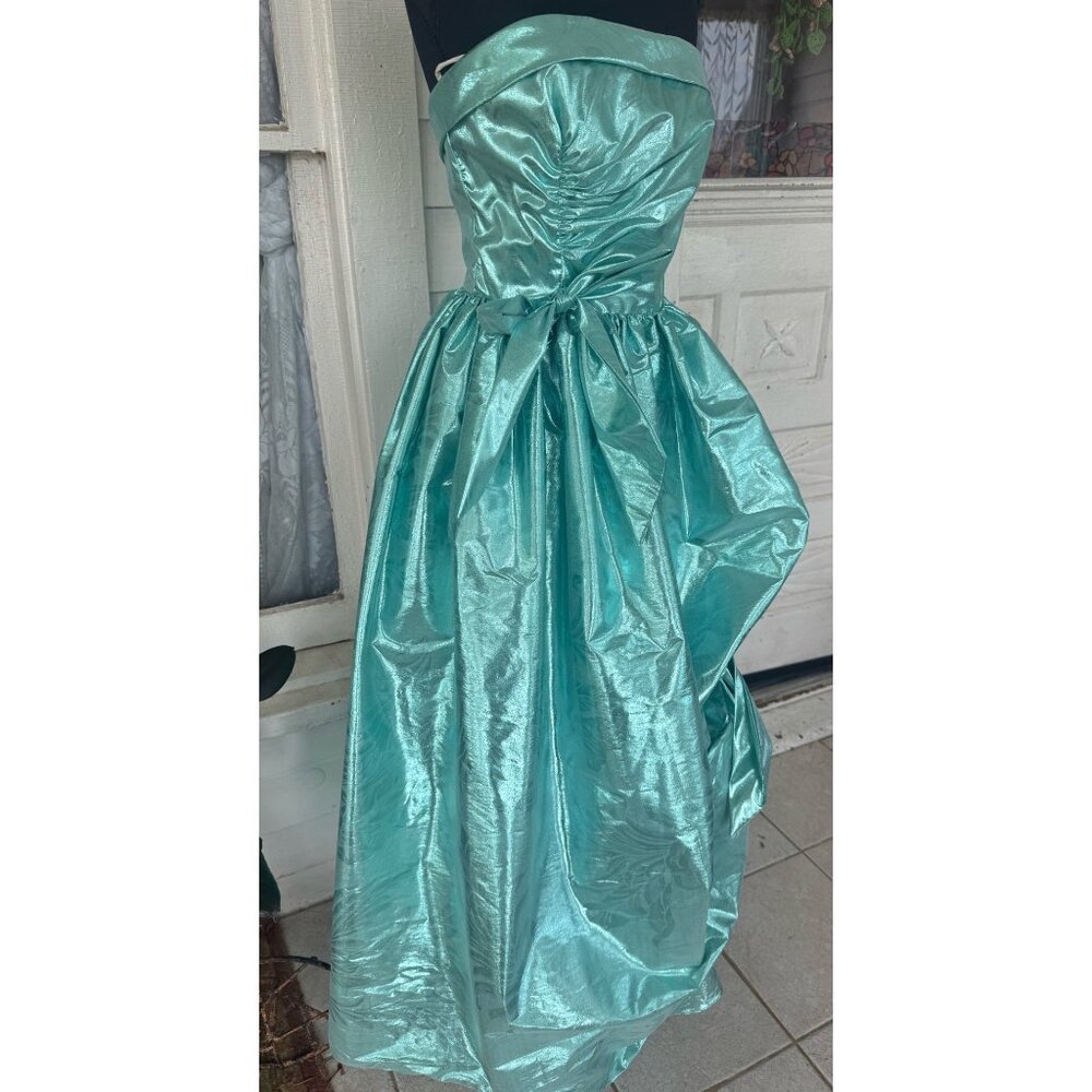 Vintage 80's Aqua Green Lame' Ball /Prom Gown Bustled Bow TD4 Eletra size 11/12 - Picture 12 of 16